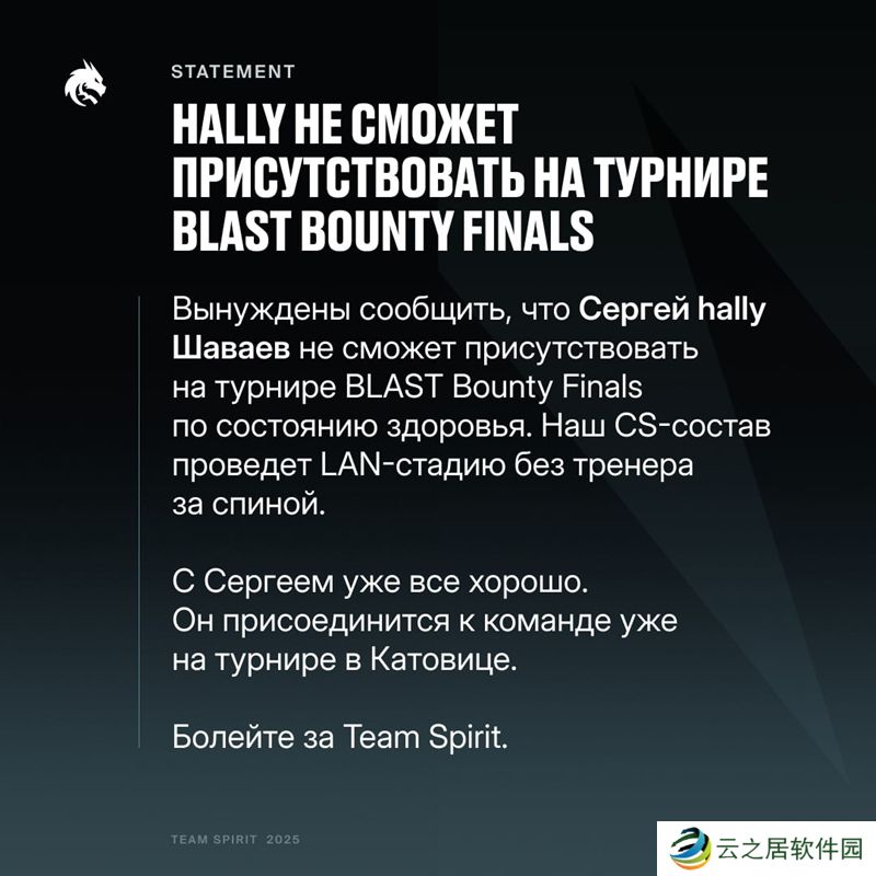 Spirit：教练hally无法出席BLAST赏金赛S1总决赛